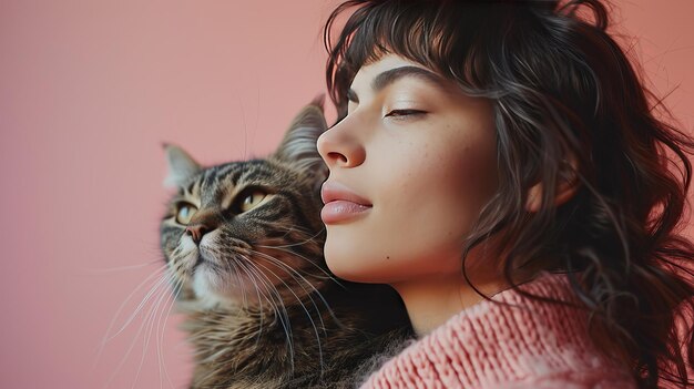 Un retrato de una hermosa mujer y su gato