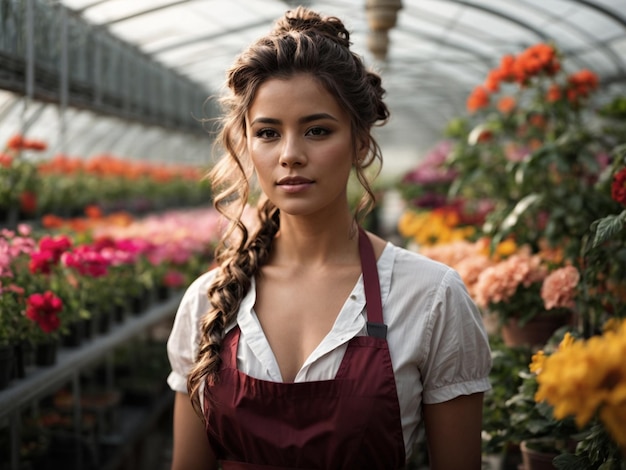 Foto retrato de una hermosa mujer trabajando en un invernadero de flores