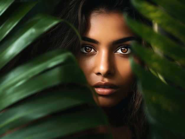 retrato de una hermosa mujer tropical mirando a través de la gran hoja verde en la jungla tropical