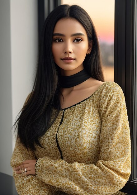 Retrato de una hermosa mujer con un vestido al atardecer IA generativa