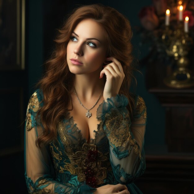 Foto retrato de una hermosa mujer con un vestido verde