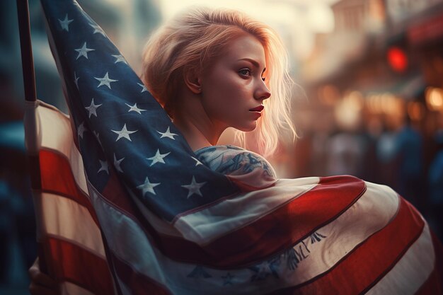 Retrato de una hermosa niña con bandera estadounidense