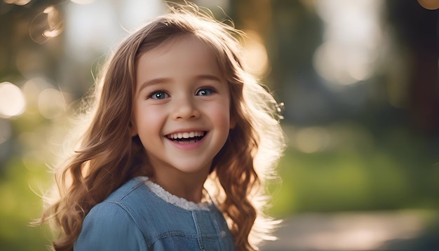 Retrato de una hermosa niña con el cabello rizado rubio en el parque