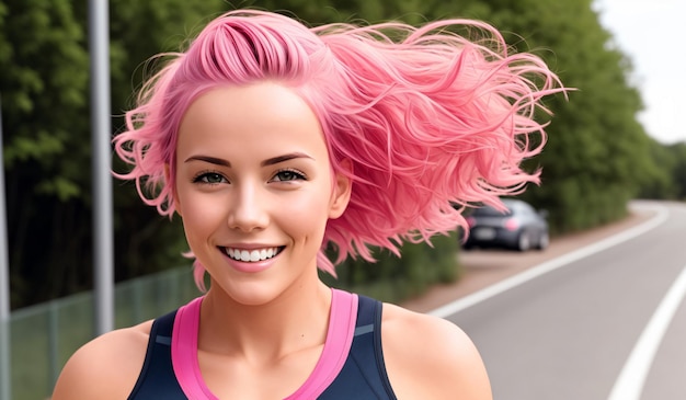 Retrato de una hermosa niña deportiva con cabello rosado IA generativa