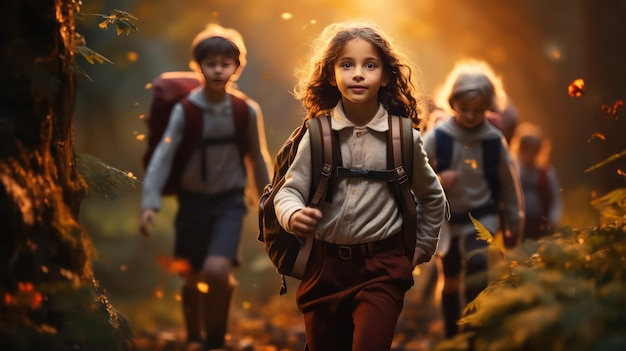 Retrato de una hermosa niña con una mochila en el bosque