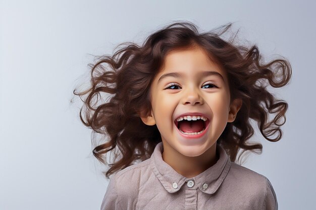 retrato de una hermosa niña morena de cabello rizado de fondo claro