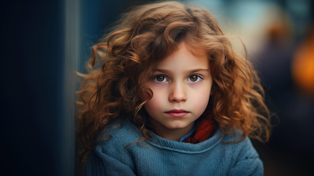 Retrato de una hermosa niña con el pelo largo y rizado en un suéter azul IA generativa