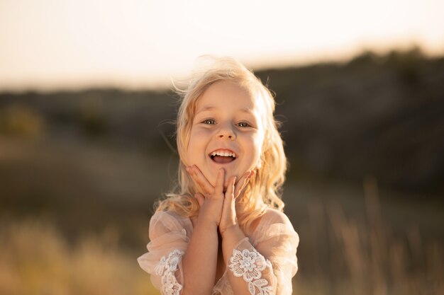 Retrato de una hermosa niña princesa en un vestido rosa. Posando en un campo al atardecer