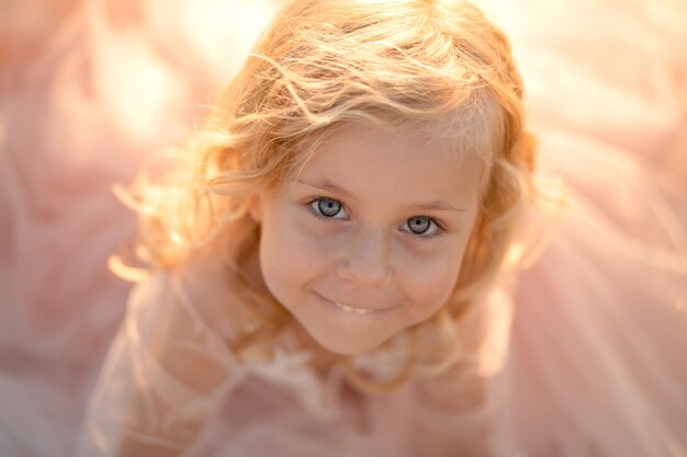 Retrato de una hermosa niña princesa en un vestido rosa. Posando en un campo al atardecer
