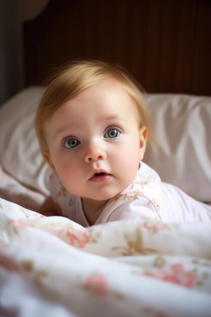 Retrato de una hermosa niña que yace en la cama creado con IA generativa