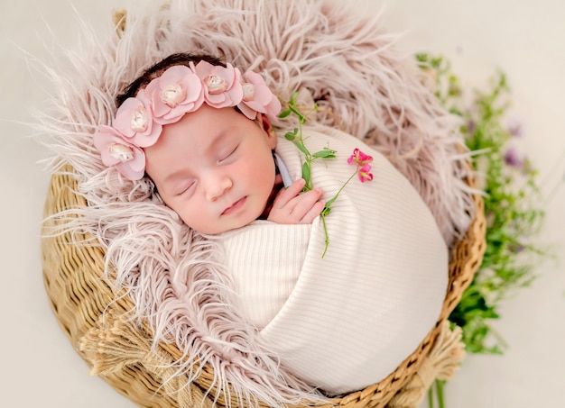 Retrato de hermosa niña recién nacida envuelta en tela y con corona de flores durmiendo en una canasta con piel durante la sesión de fotos de estudio. Linda siesta infantil infantil