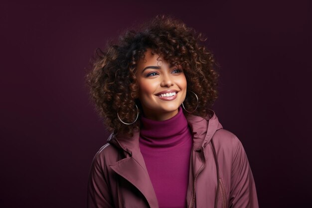 Retrato de una hermosa niña sonriente sobre un fondo morado Foto de alta calidad