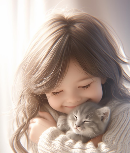 Retrato de una hermosa niña con su gato en la mano