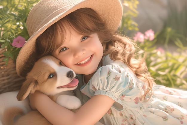 Retrato de una hermosa niña con su perro en la mano