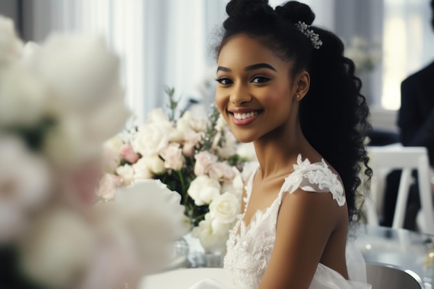 Foto retrato de una hermosa novia feliz afroamericana