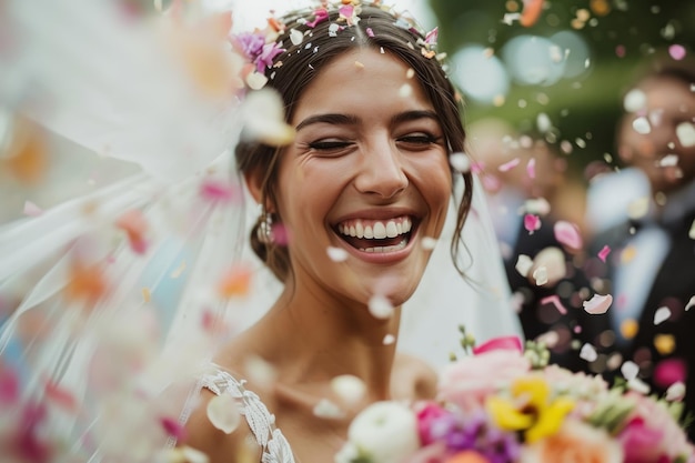 Foto retrato de la hermosa novia feliz con un pétalo de flor