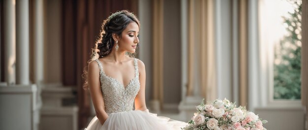 Retrato de una hermosa novia con flores