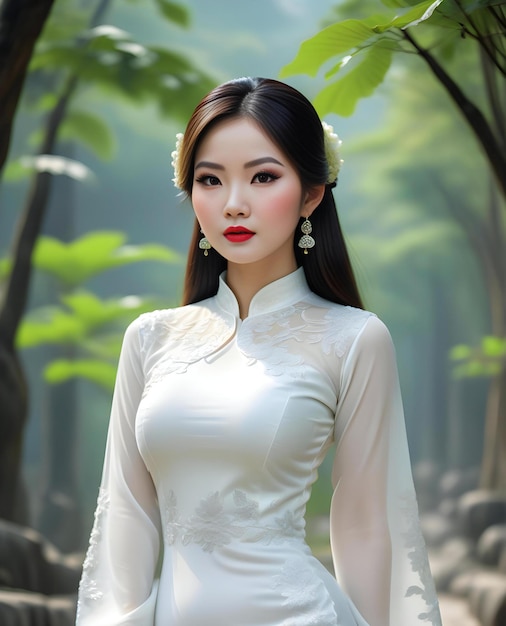 Retrato de una hermosa novia vietnamita Abstract deja el fondo
