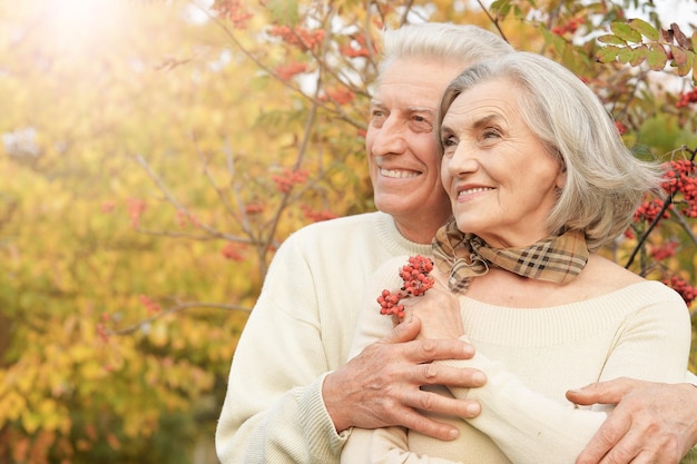 Retrato de una hermosa pareja de ancianos abrazándose en el parque con bayas de serbal