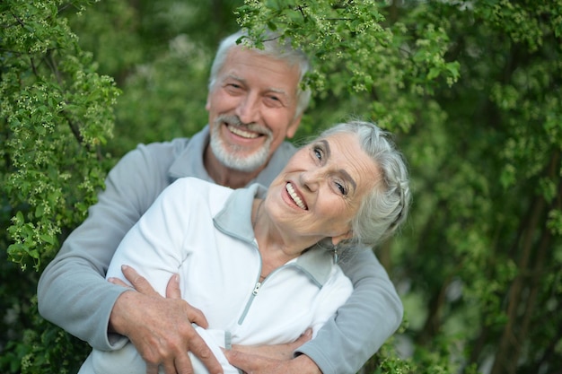 Retrato de una hermosa pareja de ancianos abrazándose en el parque de primavera