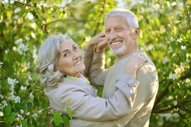 Retrato de una hermosa pareja de ancianos caucásica bailando en el parque