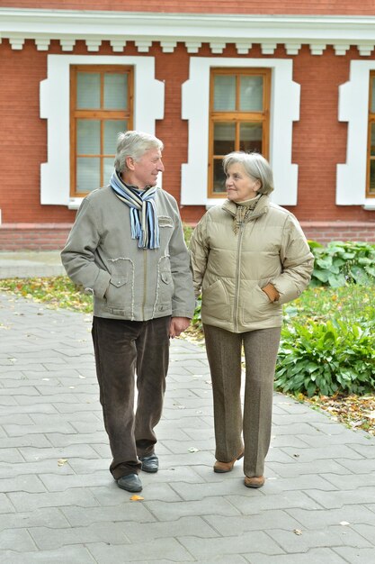 Foto retrato de una hermosa pareja de ancianos caucásica caminando por la ciudad