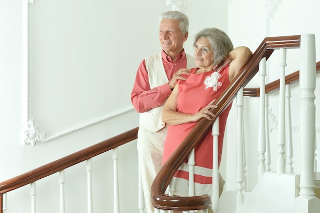 Retrato de hermosa pareja de ancianos en las escaleras con barandilla