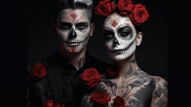 Retrato de hermosa pareja joven con maquillaje de calavera de azúcar generativo ai