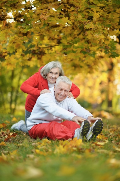 Retrato de una hermosa pareja mayor caucásica en el parque haciendo ejercicio