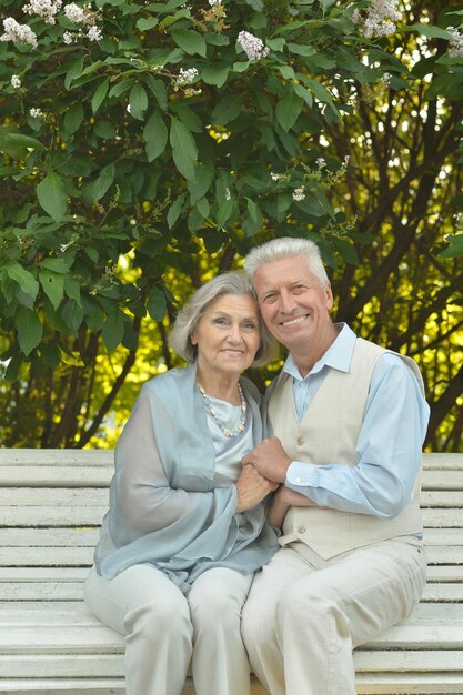 Retrato de una hermosa pareja mayor caucásica sentada en un banco