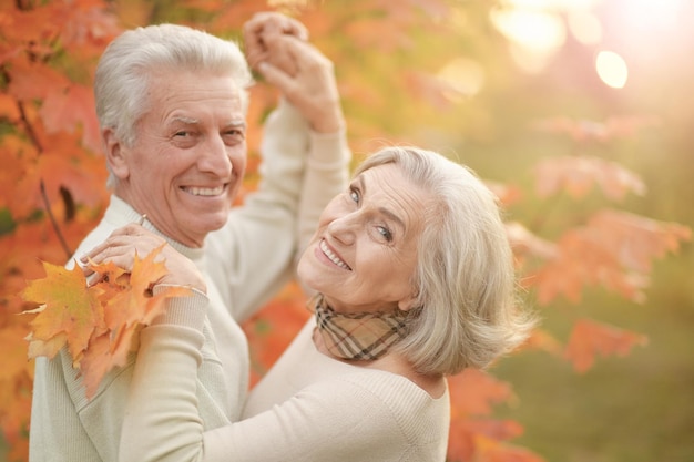 Retrato de hermosa pareja senior feliz con hojas de otoño bailando