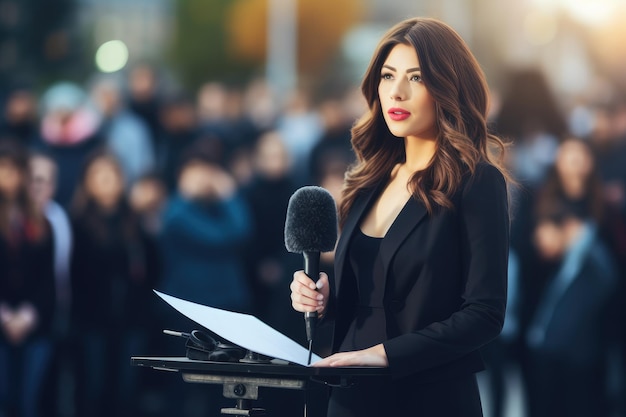 Retrato de una hermosa reportera con micrófono en el fondo de la multitud una reportera de televisión presentando las noticias al aire libre Generada por IA