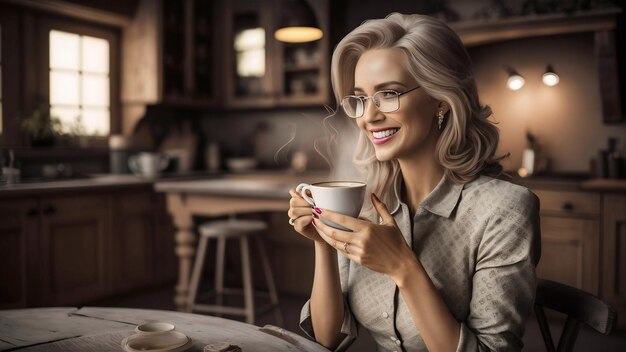 Retrato de una hermosa señora sonriente olendo y bebiendo café de la taza en la cocina