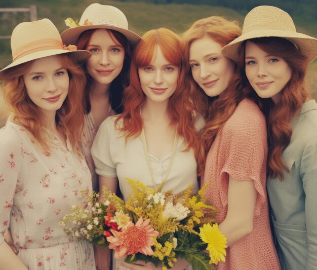 Retrato de hermosas amigas pelirrojas de pie juntas con flores al aire libre generadas por IA