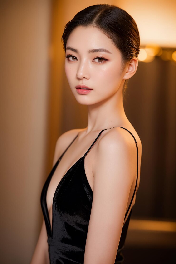 Retrato de hermosas mujeres japonesas con el pelo peinado hacia atrás vistiendo un vestido de terciopelo negro con frente sl