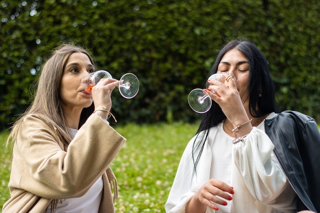 Retrato de hermosas mujeres sonrientes bebiendo vino en el parque Disfruta de amigos