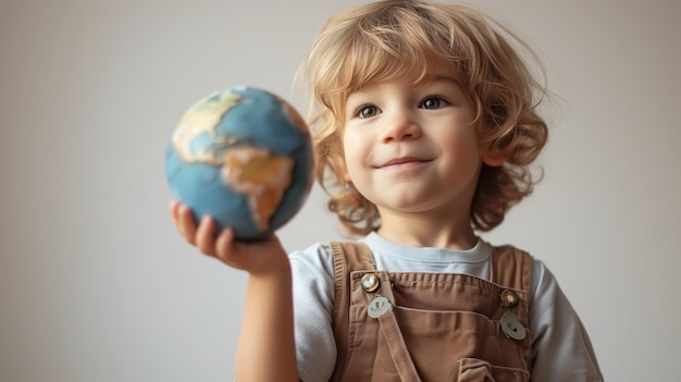 Retrato de un hermoso bebé rubio sosteniendo el planeta Tierra