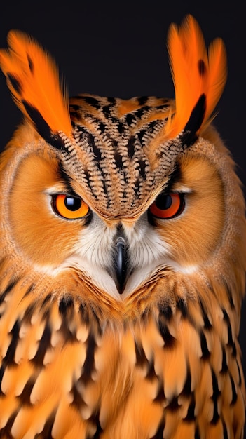 Retrato de un hermoso búho con ojos naranjas sobre un fondo negro AI generativo