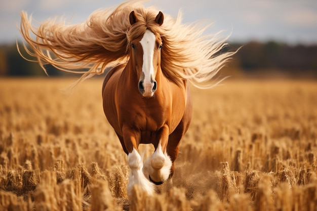 Retrato de un hermoso caballo con una larga melena en el campo