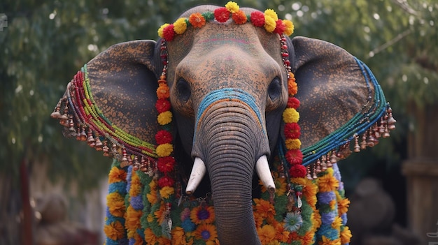 Foto retrato de un hermoso elefante con un colorido tocado con cuentas