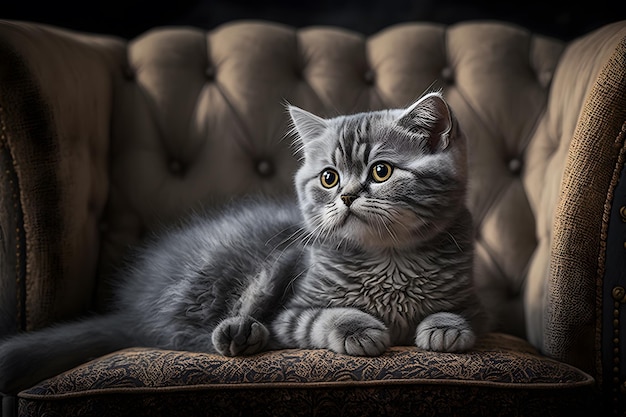 Retrato hermoso gatito en un sofá gris fotografía