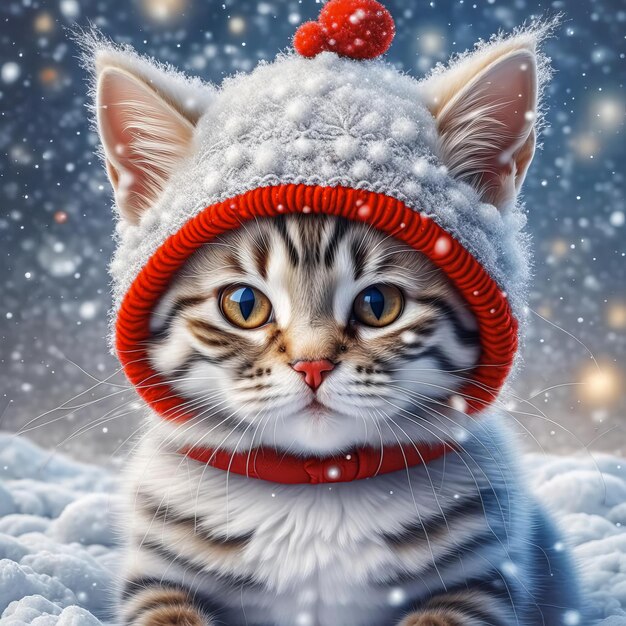 Retrato de un hermoso gatito tabby Santa en un fondo nevado Fondo de Navidad con gatito