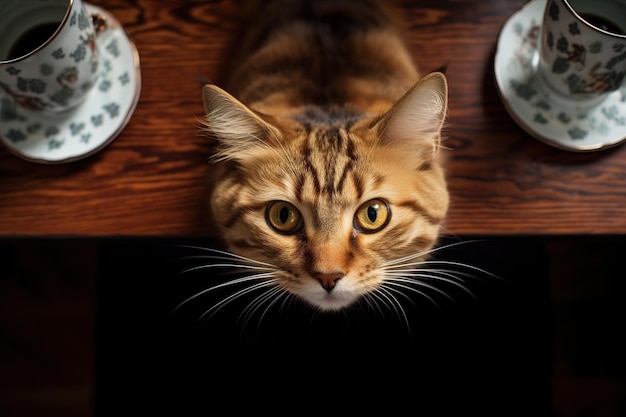 Retrato de un hermoso gato bengalí en una mesa de madera