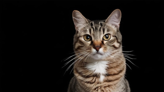 Retrato de un hermoso gato doméstico posando mirando a la cámara aislada sobre un fondo negro