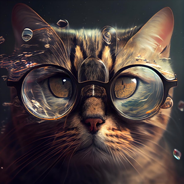 Retrato de un hermoso gato con gafas en el fondo oscuro