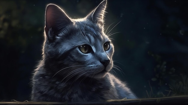 Retrato de un hermoso gato gris sobre un fondo negro generativo ai