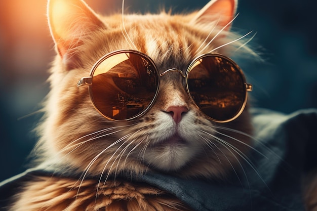 Retrato de un hermoso gato pelirrojo con gafas de sol Foto de moda Retrato en primer plano de un divertido gato pelirrojo con gafas de sol generado por IA