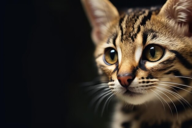 Retrato de un hermoso gato en primer plano Fotografía macro sobre fondo oscuro IA generativa