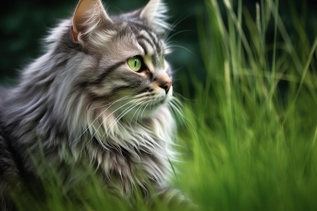 Retrato de un hermoso gato siberiano sobre hierba verde