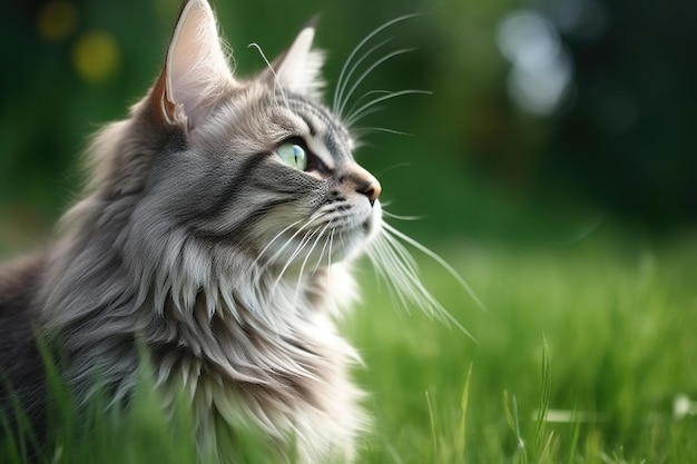 Retrato de un hermoso gato siberiano sobre hierba verde